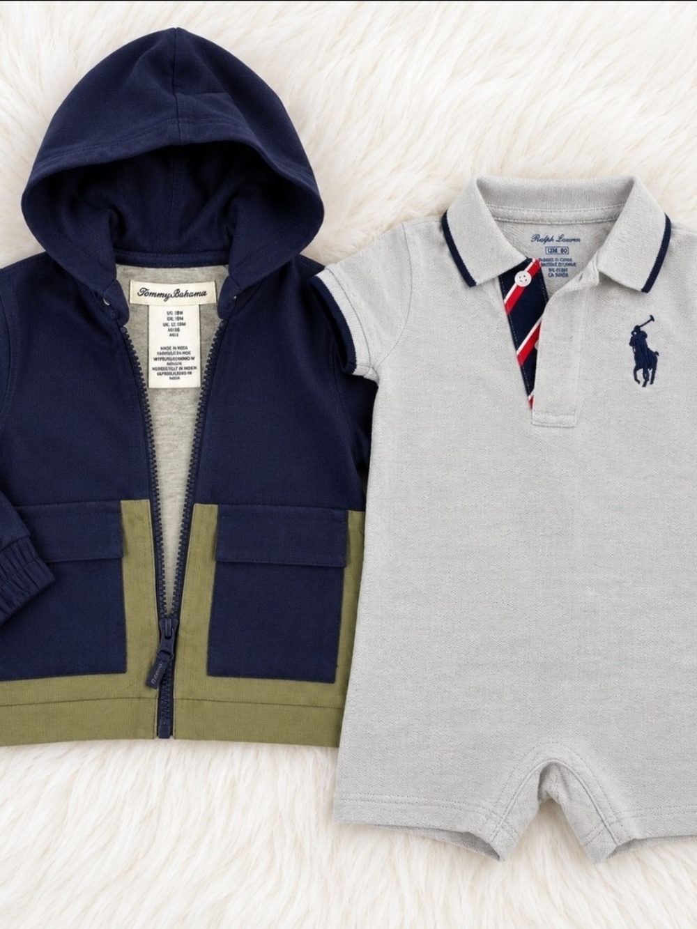 Ralph Lauren Gray Polo Romper with Navy Logo & Navy Olive Zip Hoodie Set